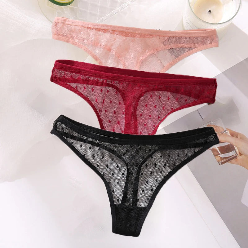 M-XL G-String Sexy Mesh Transparent Lace Panties Women Underwear Pantys Low-Waist Female Underpants Perspective Briefs 3PCS/Set