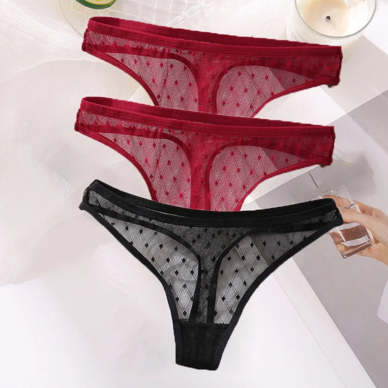 M-XL G-String Sexy Mesh Transparent Lace Panties Women Underwear Pantys Low-Waist Female Underpants Perspective Briefs 3PCS/Set