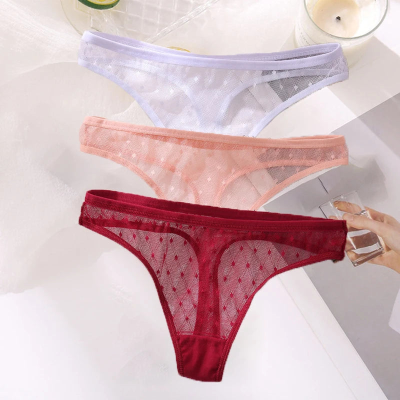 M-XL G-String Sexy Mesh Transparent Lace Panties Women Underwear Pantys Low-Waist Female Underpants Perspective Briefs 3PCS/Set