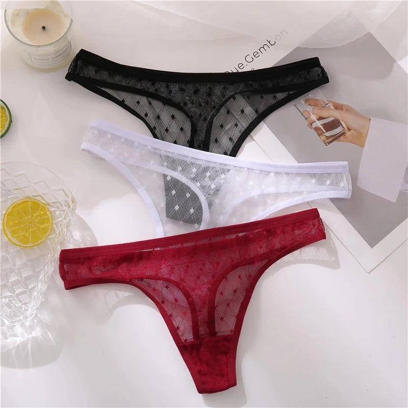 M-XL G-String Sexy Mesh Transparent Lace Panties Women Underwear Pantys Low-Waist Female Underpants Perspective Briefs 3PCS/Set