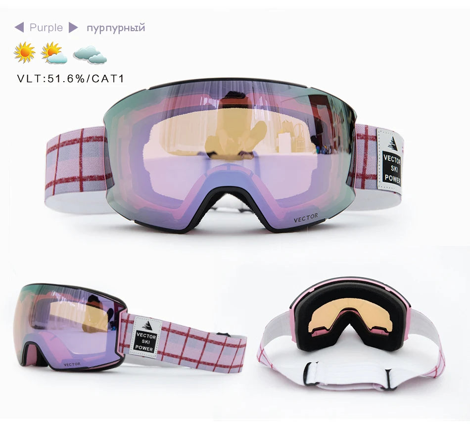 OTG Ski Goggles Purple Lens Snow Glasses Men UV400 Anti-fog Coatings Snowmobile Snowboard Skiing Women Outdoor Winter Sport