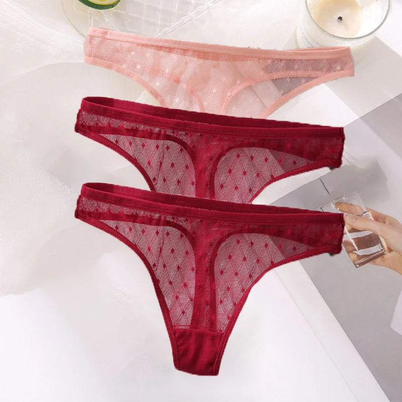 M-XL G-String Sexy Mesh Transparent Lace Panties Women Underwear Pantys Low-Waist Female Underpants Perspective Briefs 3PCS/Set