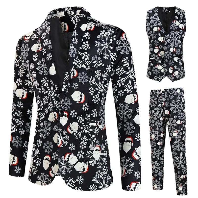 Men Christmas Suit Funny Long Sleeve Single Breasted Jacket with Vest Pants Set Formal Outfit