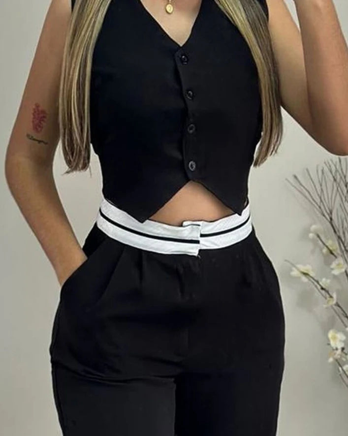 New Fashion 2024 Summer Casual Sexy Elegant V-Neck Buttoned Vest Top & Pocket Design Pants Set Womens Two Piece Sets Outfit