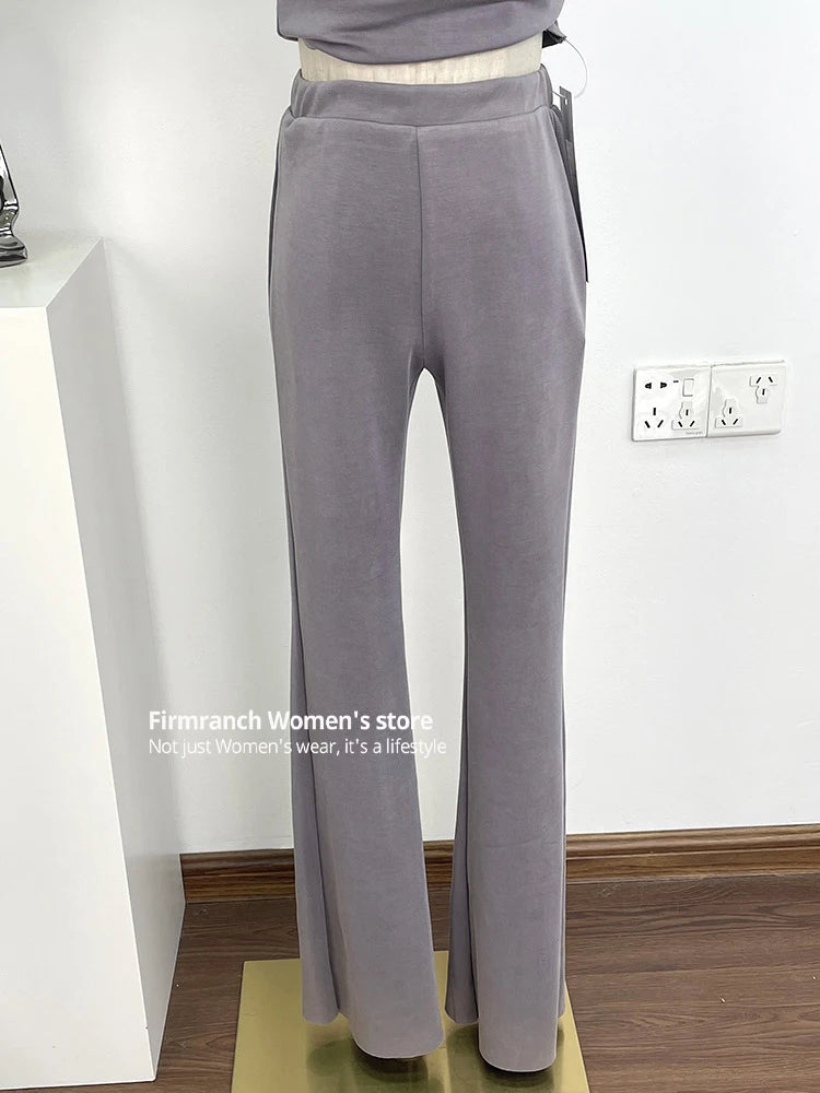 Firmranch Gray Sexy Irregular Design Sense Skinny T-shirts And Slim Yoga Pants For Women High-elastic 2 Pieces A Set Suit