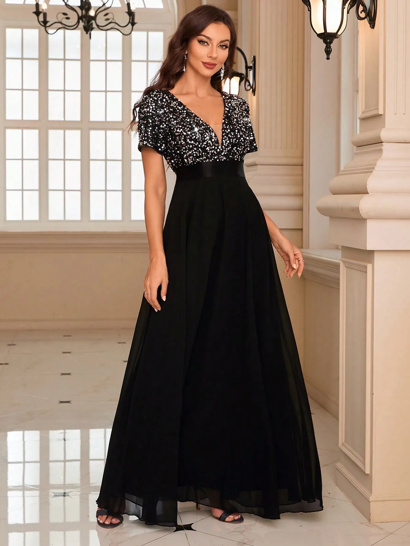 Unithorse Elegant Contrast Sequin Chiffon Formal Dress