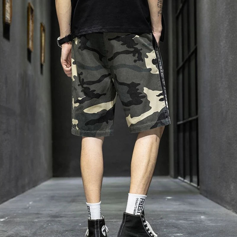 Male Short Pants Camouflage Spliced Camo Oversize Black Men's Cargo Shorts Big Size with Draw String Homme Streetwear Designer