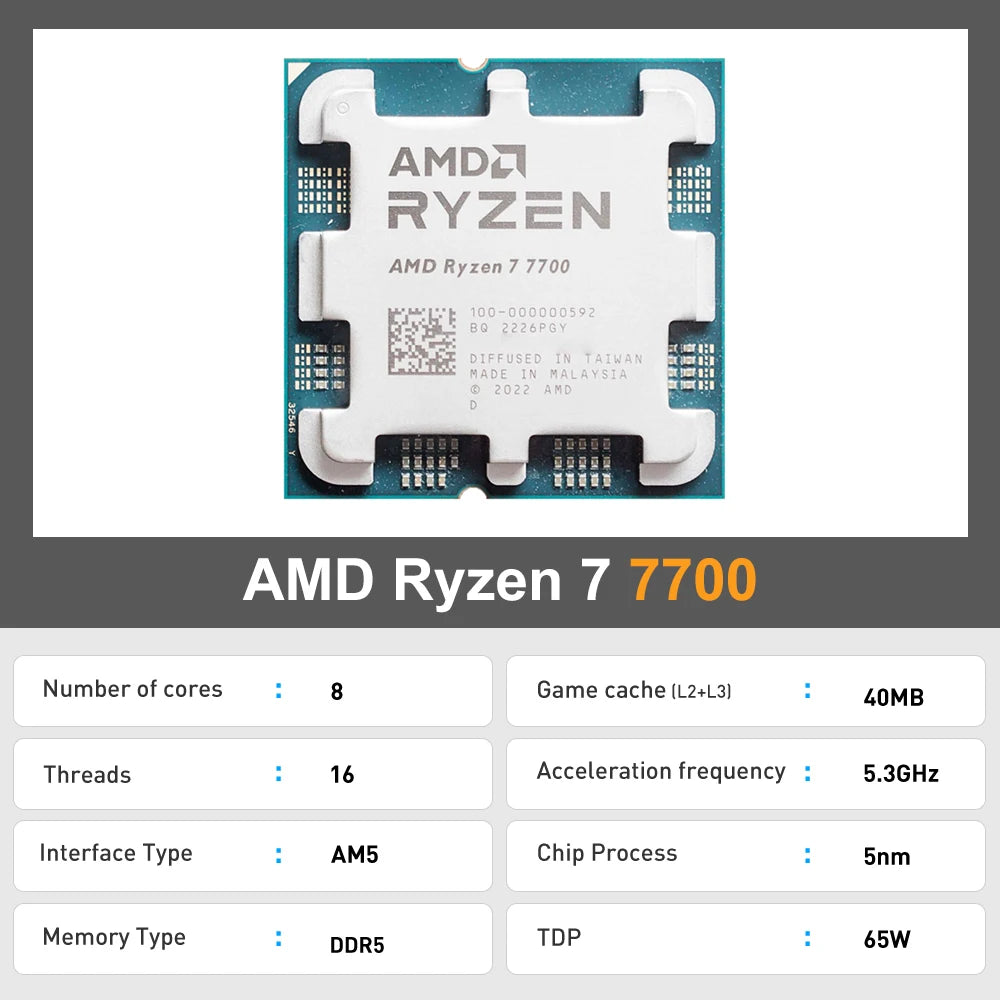 AMD Ryzen 7 7700 New R7 7700 8-Core 16-Thread 5.3GHz L3=32MB 5NM DDR5 CPU Integrated Graphics RDNA2 2CU Socket AM5 but no fan