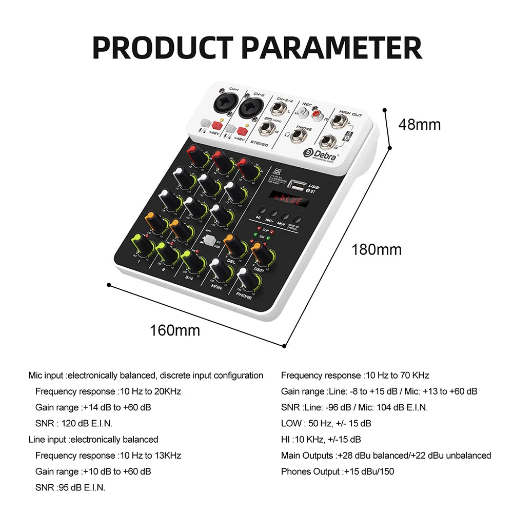 Debra Audio Mixer DJ Console V8 8 Channel 48V Phantom Power USB DJ Console With Sound Card  For PC Recording Singing