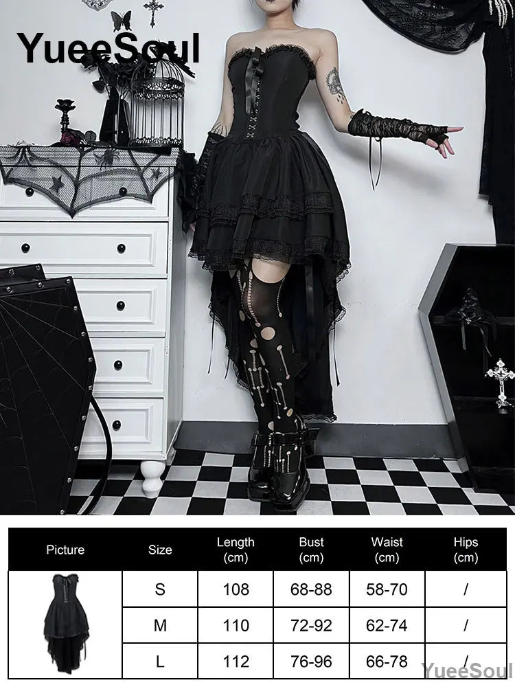 Grunge Gothic Women Dress Lace Trim High Waist Bodycon Mini Dress 2024 Summer New E-girl Vintage Punk Harajuku Lolita Clothes(M)