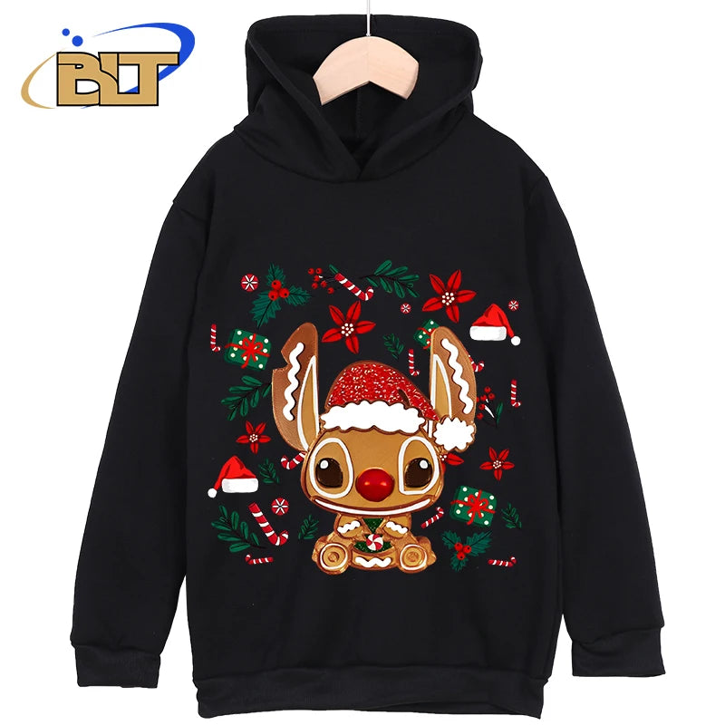 Stitch Christmas Printed Kids Clothing New Kids Hoodies Black Casual Tops Classic Sportswear Suitable for Boys and Girls