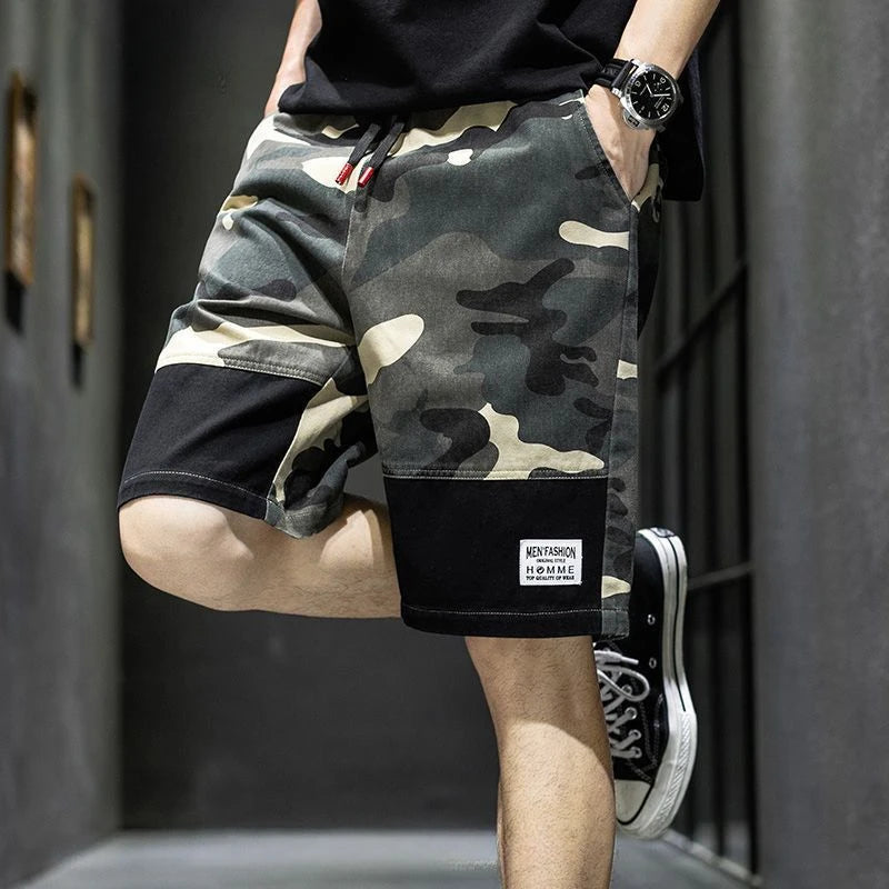 Male Short Pants Camouflage Spliced Camo Oversize Black Men's Cargo Shorts Big Size with Draw String Homme Streetwear Designer