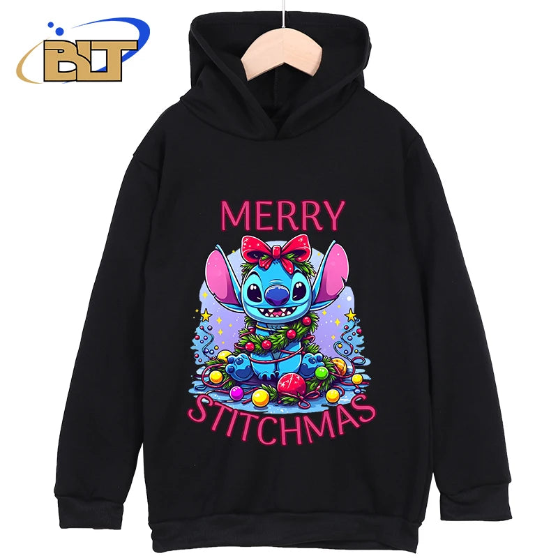 Stitch Christmas Printed Kids Clothing New Kids Hoodies Black Casual Tops Classic Sportswear Suitable for Boys and Girls