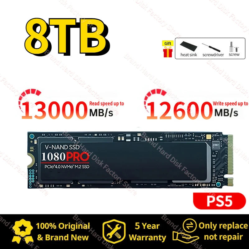 Newest 1080pro SSD NVMe M.2 2280 1TB 2TB 4TB 8TB Hard Disk Internal Solid State Drive PCIe 5.0 for PS5 Laptop PC Desktop Laptop