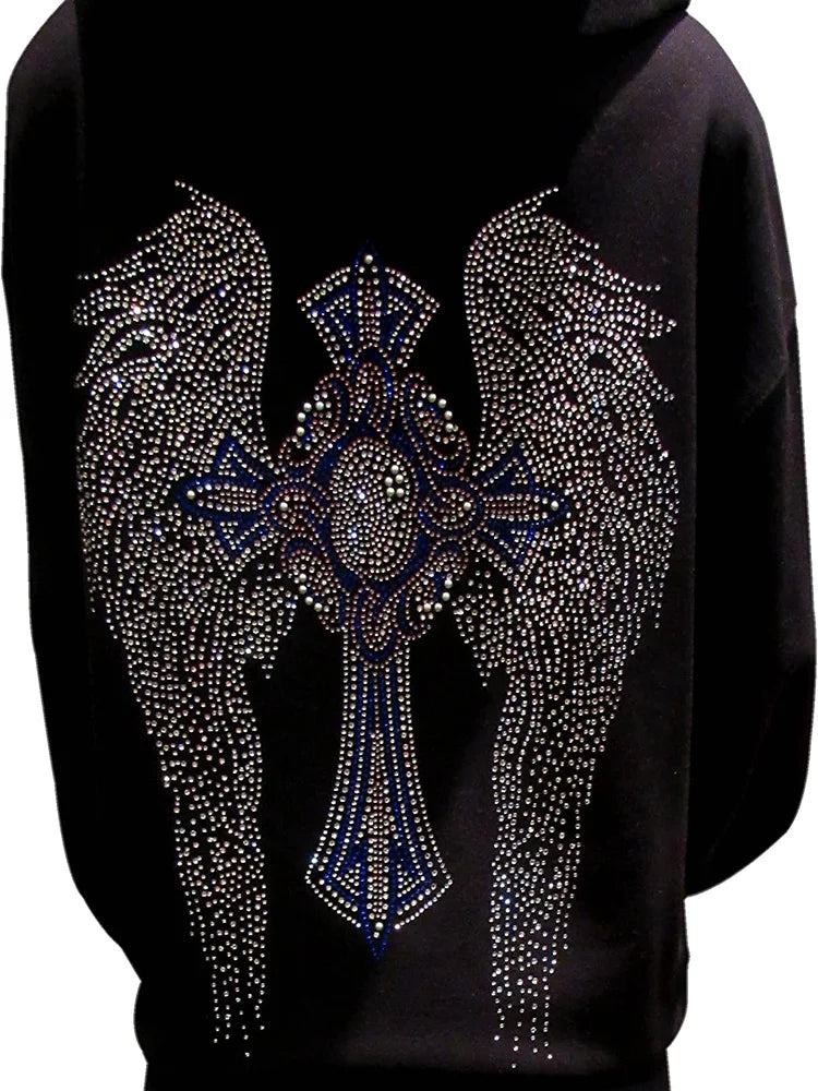 Multicolor Rhinestone Cross and Angel Wings Black Zipper Hoodie