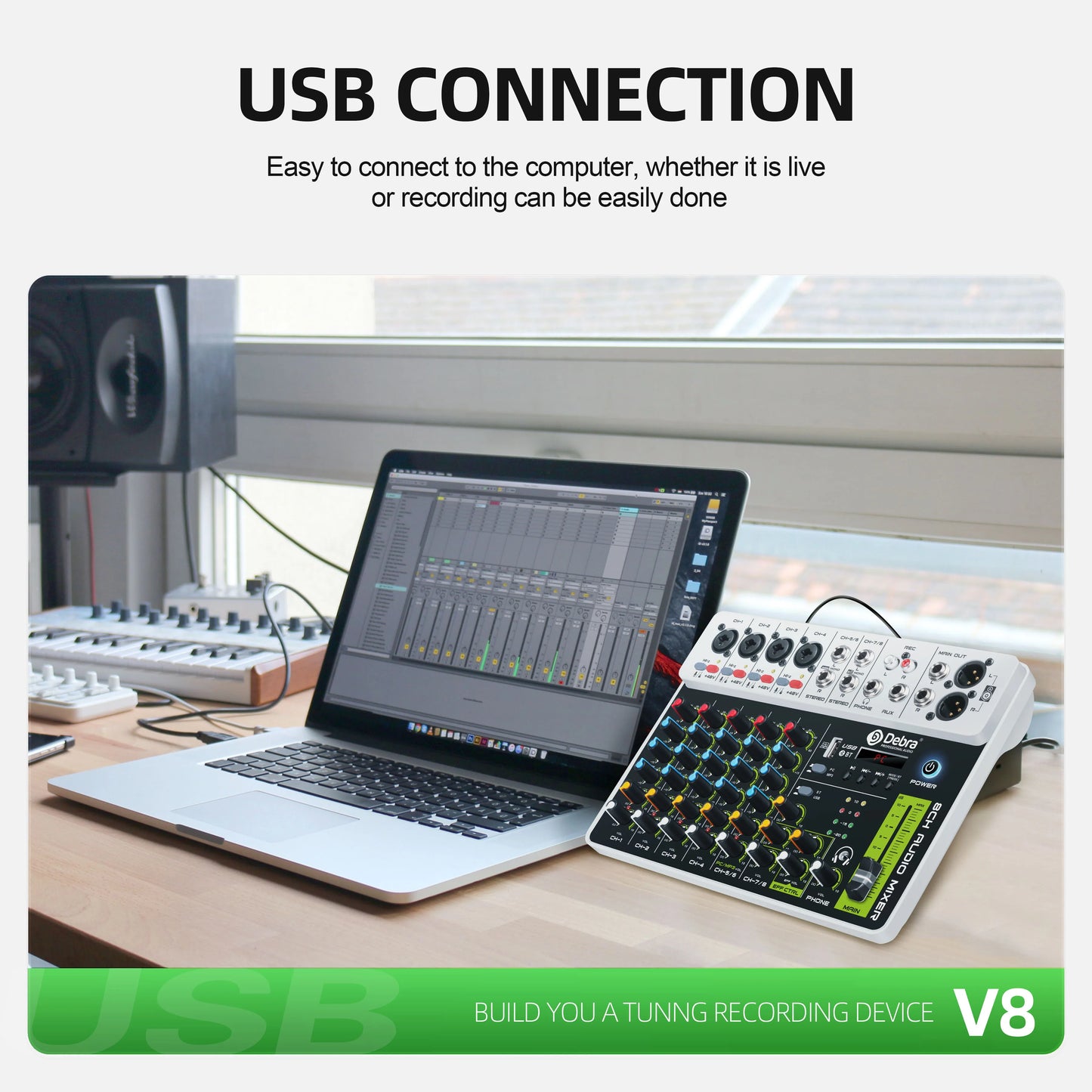 Debra Audio Mixer DJ Console V8 8 Channel 48V Phantom Power USB DJ Console With Sound Card  For PC Recording Singing