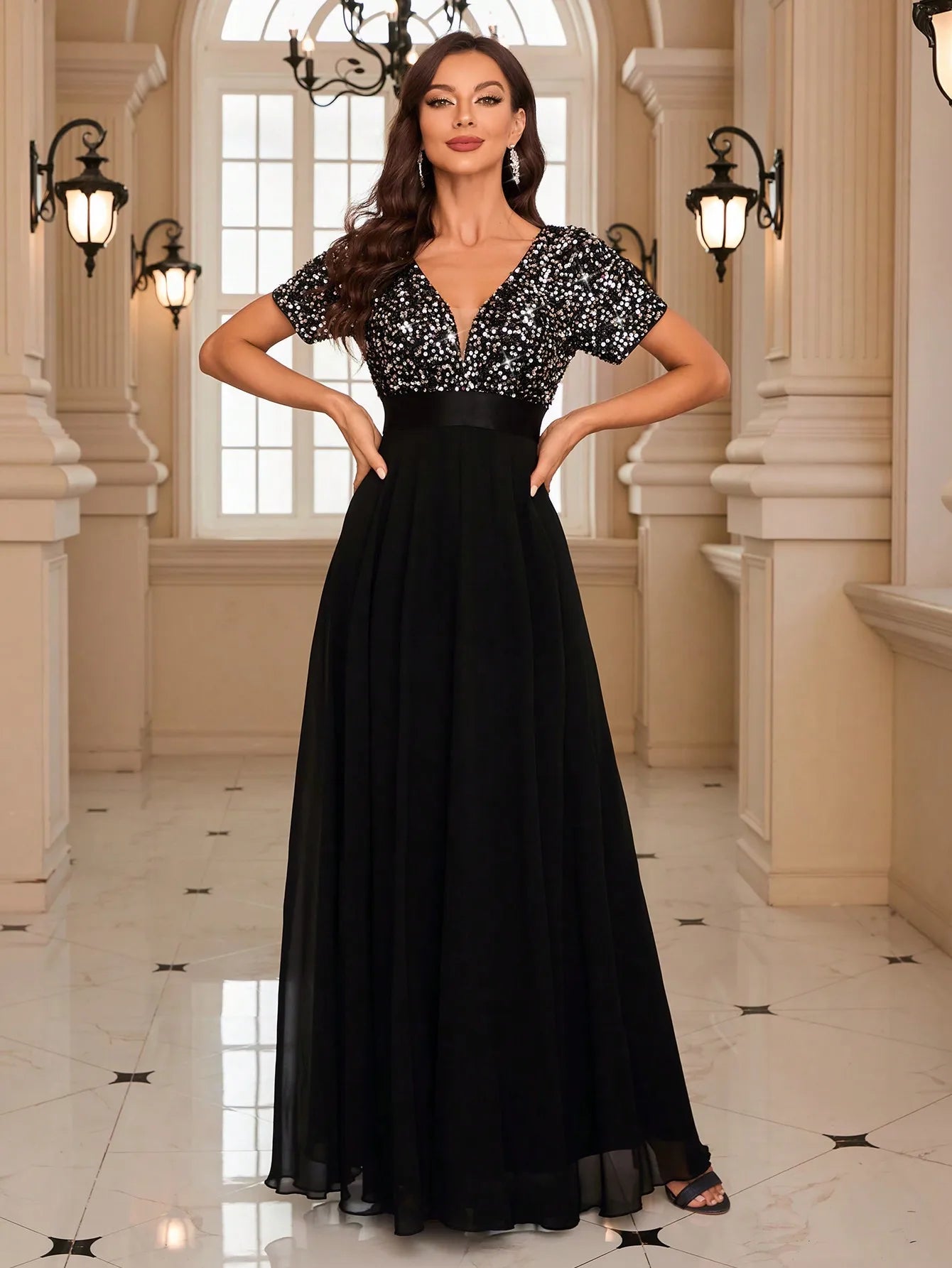 Unithorse Elegant Contrast Sequin Chiffon Formal Dress