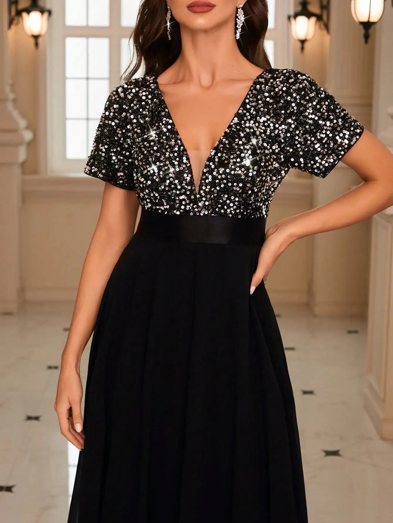 Unithorse Elegant Contrast Sequin Chiffon Formal Dress