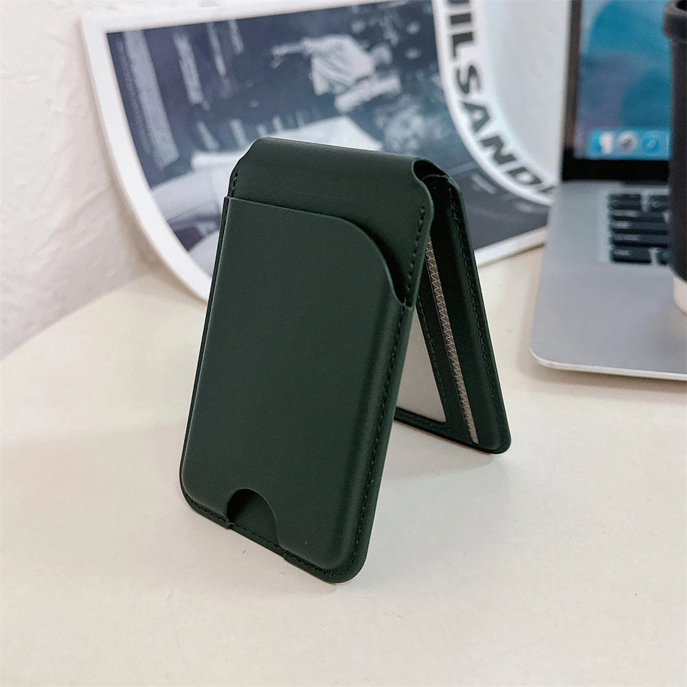 Magnetic For Magsafe Fold Card Holder Solid Leather Case For iPhone 16 15 14 13 12 Pro Max For Samsung S24 S23 S22 Ultra Cover