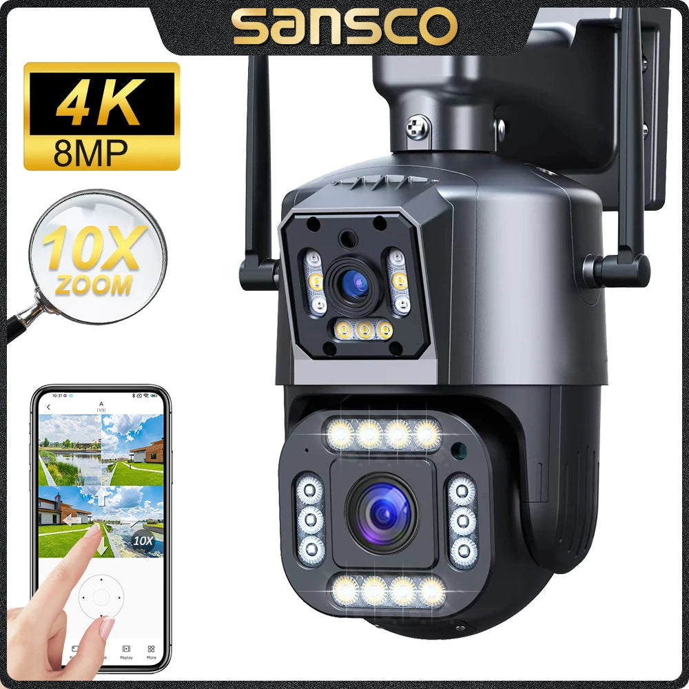 SANSCO 4K 8MP Dual Lens PTZ WIFI Camera Dual Screen 4MP HD Wireless Outdoor IP Camera AI Human Tracking Surveillance IPC360 Home