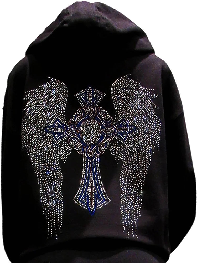 Multicolor Rhinestone Cross and Angel Wings Black Zipper Hoodie