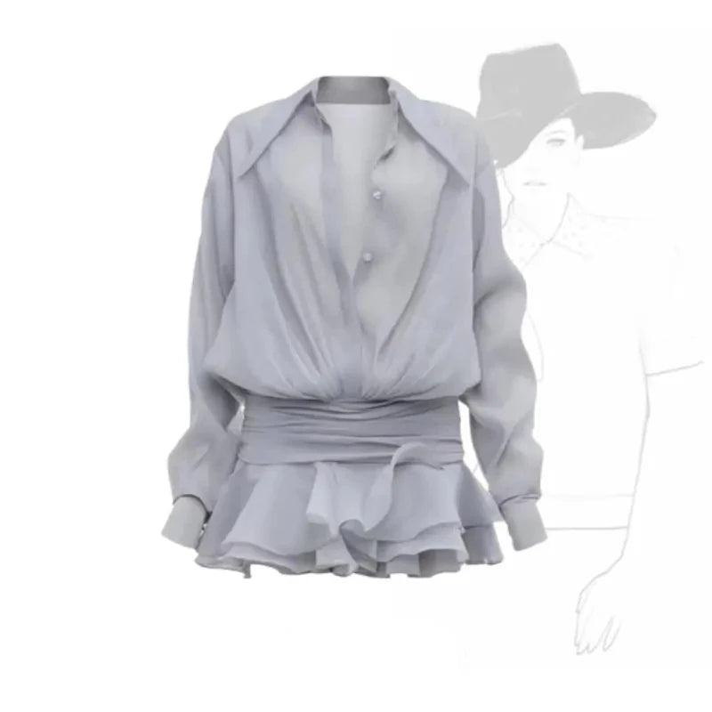 ADAgirl Vintage White Shirt Dresses Ruffled Long Sleeve Button Up Pleated Skirts Elegant Office Ladies Coquette Dress for Women