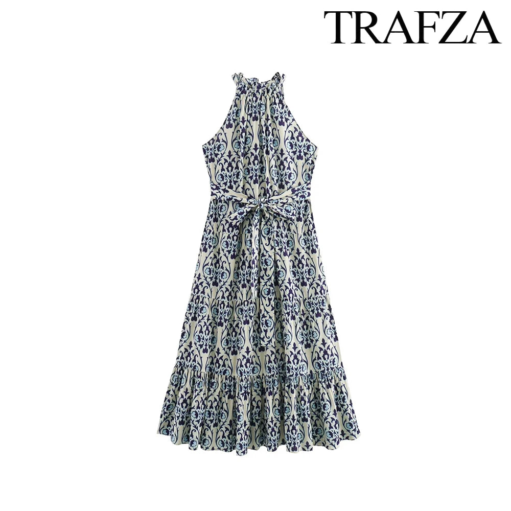 TRAF Vintage Printed Women's Long Dresses 2024 Strapless Halter Midi Dresses Women's Bohemian Summer Dresses Lace Up Beach Dress