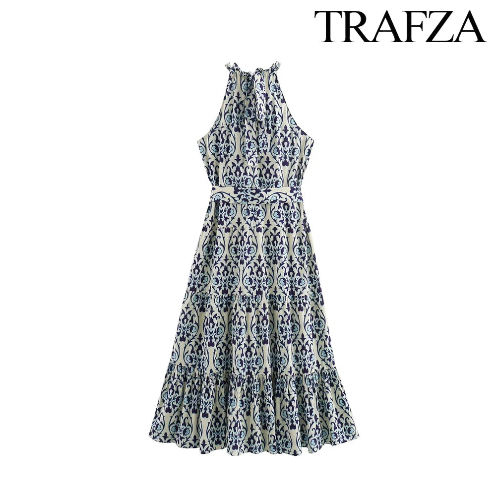 TRAF Vintage Printed Women's Long Dresses 2024 Strapless Halter Midi Dresses Women's Bohemian Summer Dresses Lace Up Beach Dress