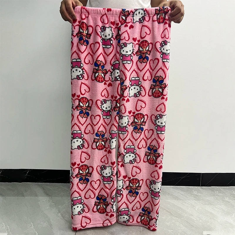 Hello Kitty Spider-man Cotton Velvet Loose Pajamas Pajamas Long Pants Women's And Men's Cartoon Sleeping Casual Wear