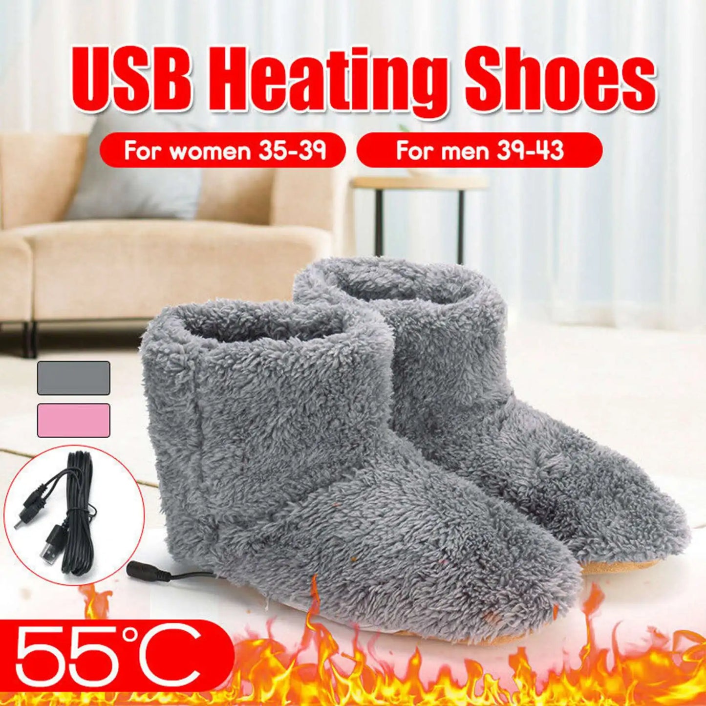 Winter USB Heater Foot Shoes Electric Shoes Warming Pad Plush Warm Electric Slippers Feet Heated Insoles Pink-