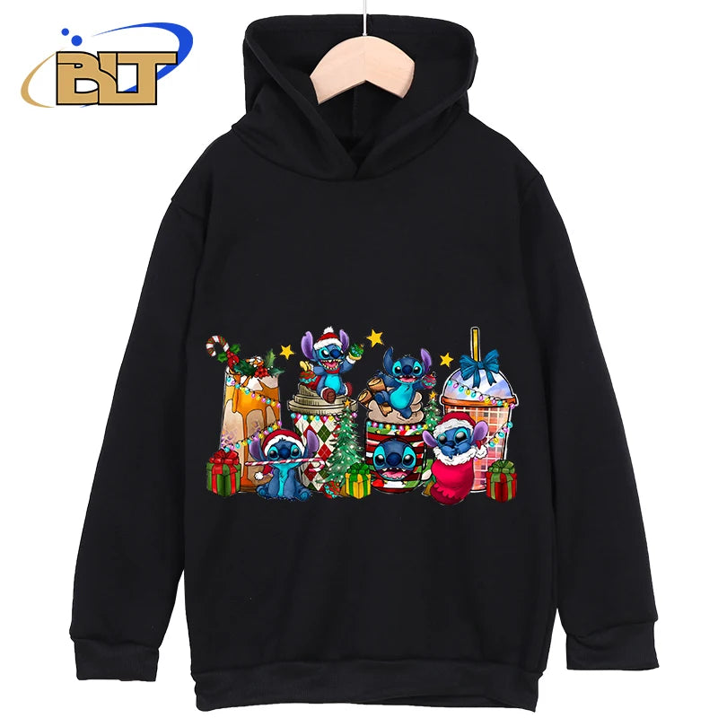 Stitch Christmas Printed Kids Clothing New Kids Hoodies Black Casual Tops Classic Sportswear Suitable for Boys and Girls