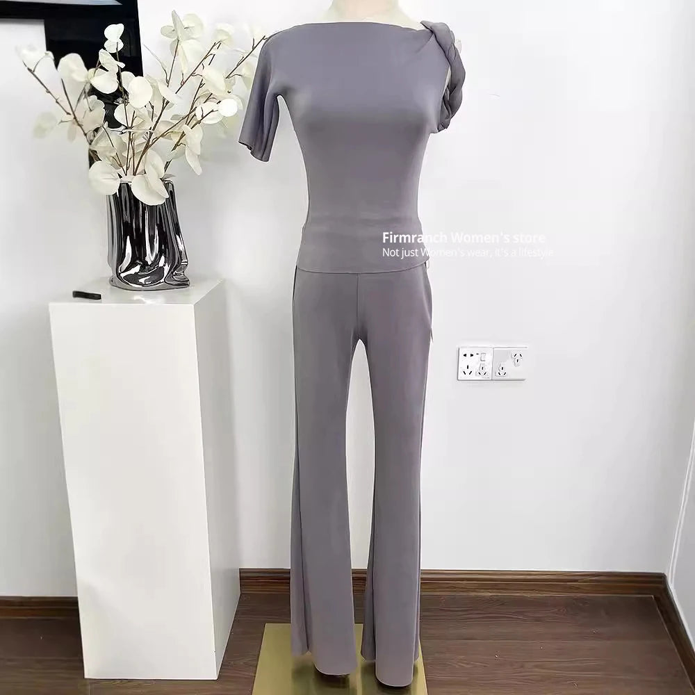 Firmranch Gray Sexy Irregular Design Sense Skinny T-shirts And Slim Yoga Pants For Women High-elastic 2 Pieces A Set Suit