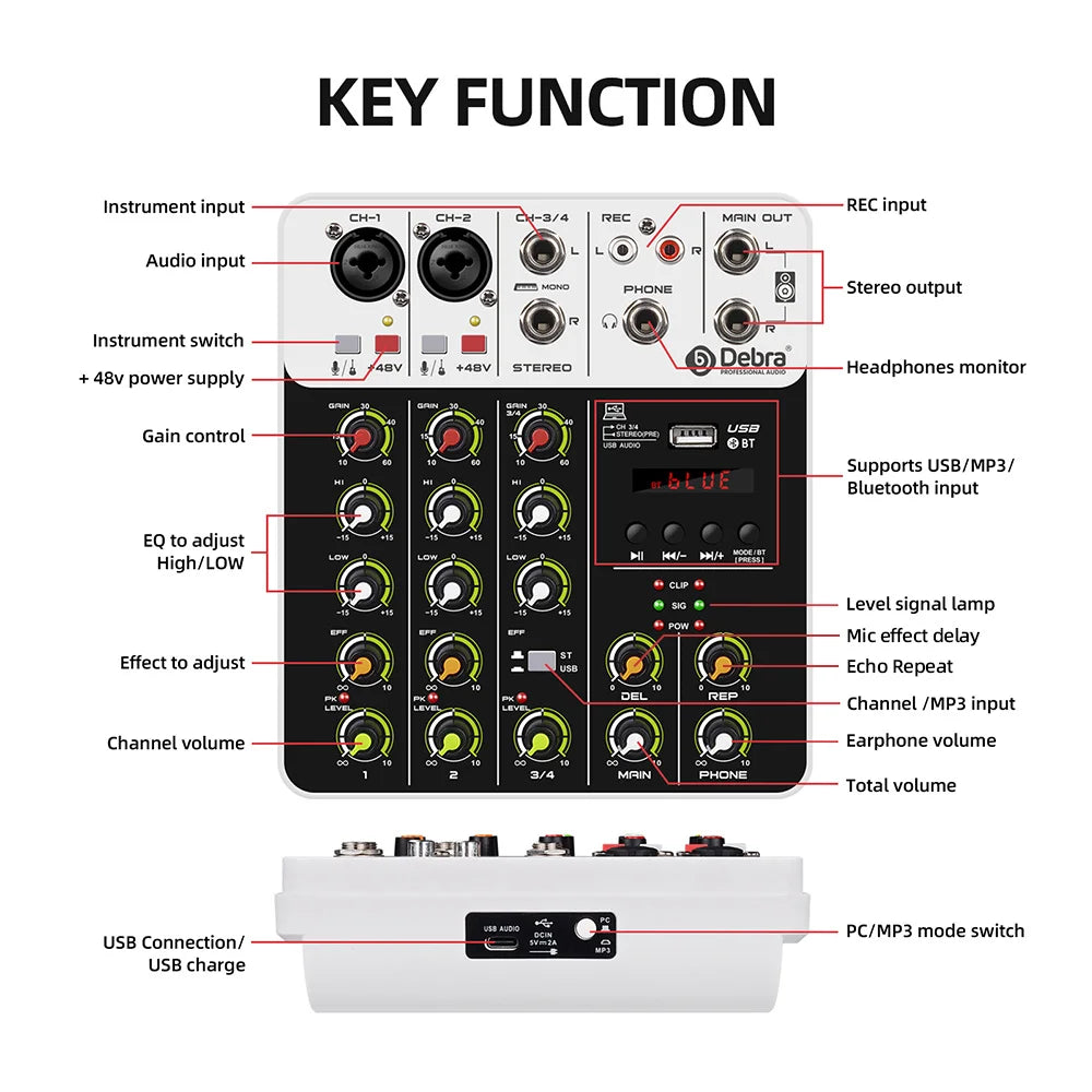 Debra Audio Mixer DJ Console V8 8 Channel 48V Phantom Power USB DJ Console With Sound Card  For PC Recording Singing