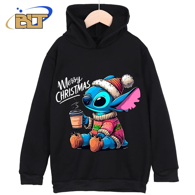 Stitch Christmas Printed Kids Clothing New Kids Hoodies Black Casual Tops Classic Sportswear Suitable for Boys and Girls