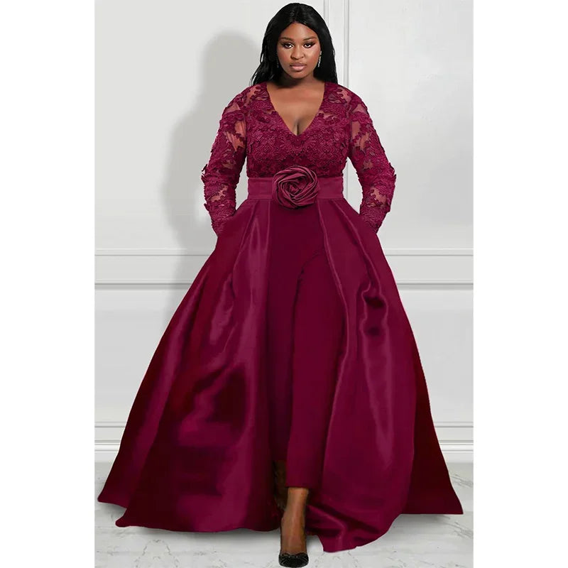 Women Design Plus Size Formal Jumpsuit Burgundy Satin V-Neck Lace Long Sleeve Overlay Skirt Jumpsuit Vestidos para mujer