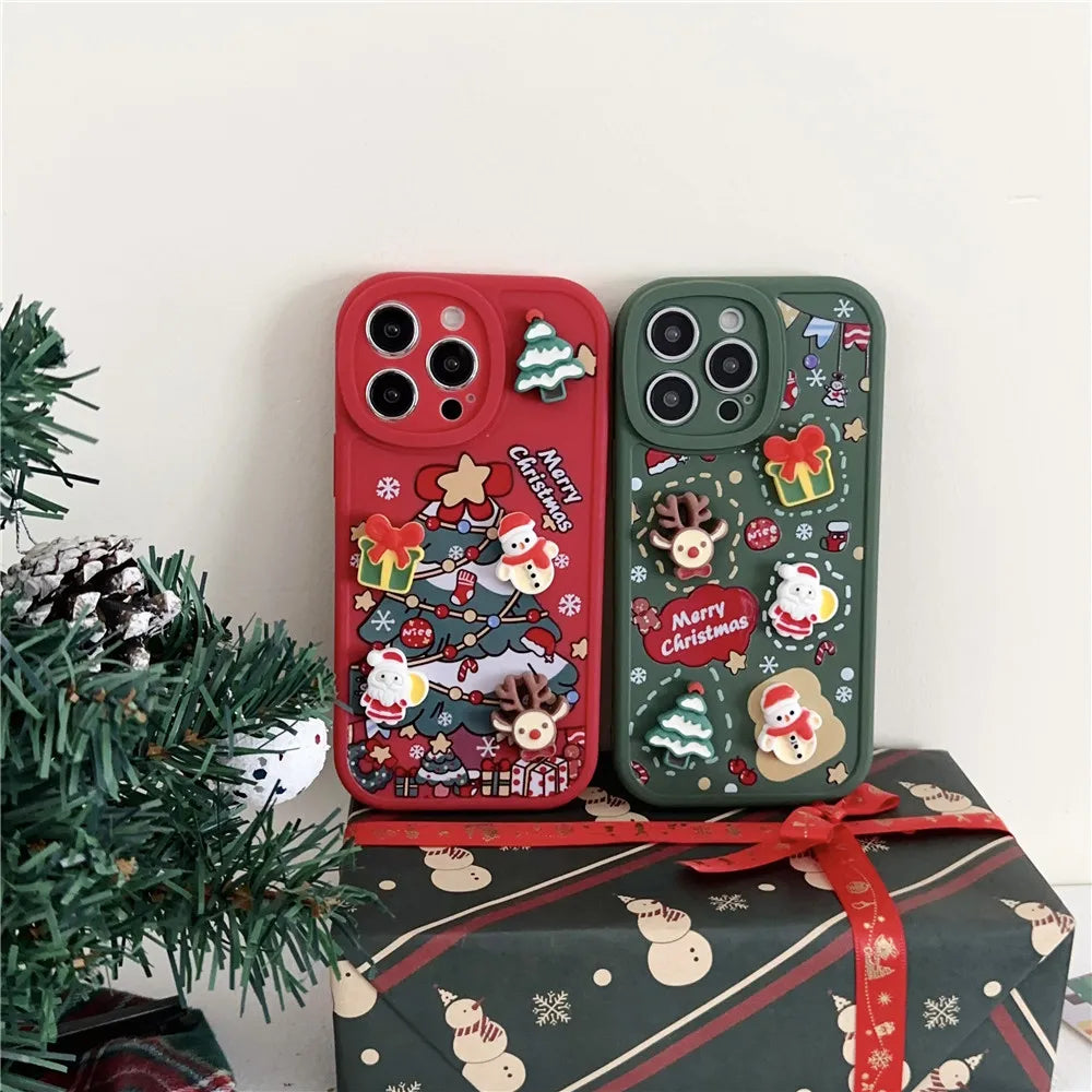 Cartoon 3D Santa Claus Elk Snowman Christmas Tree Case For iPhone 16 15 14 Pro Max 13 12 11 X XS XR 7 8 Plus Soft Silicone Cover