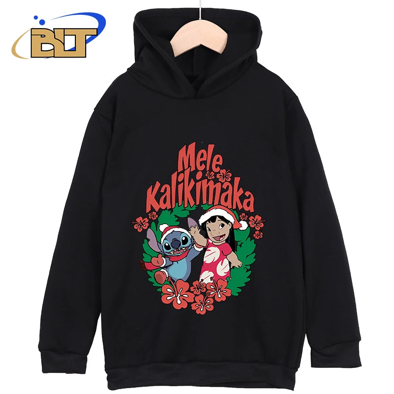 Stitch Christmas Printed Kids Clothing New Kids Hoodies Black Casual Tops Classic Sportswear Suitable for Boys and Girls