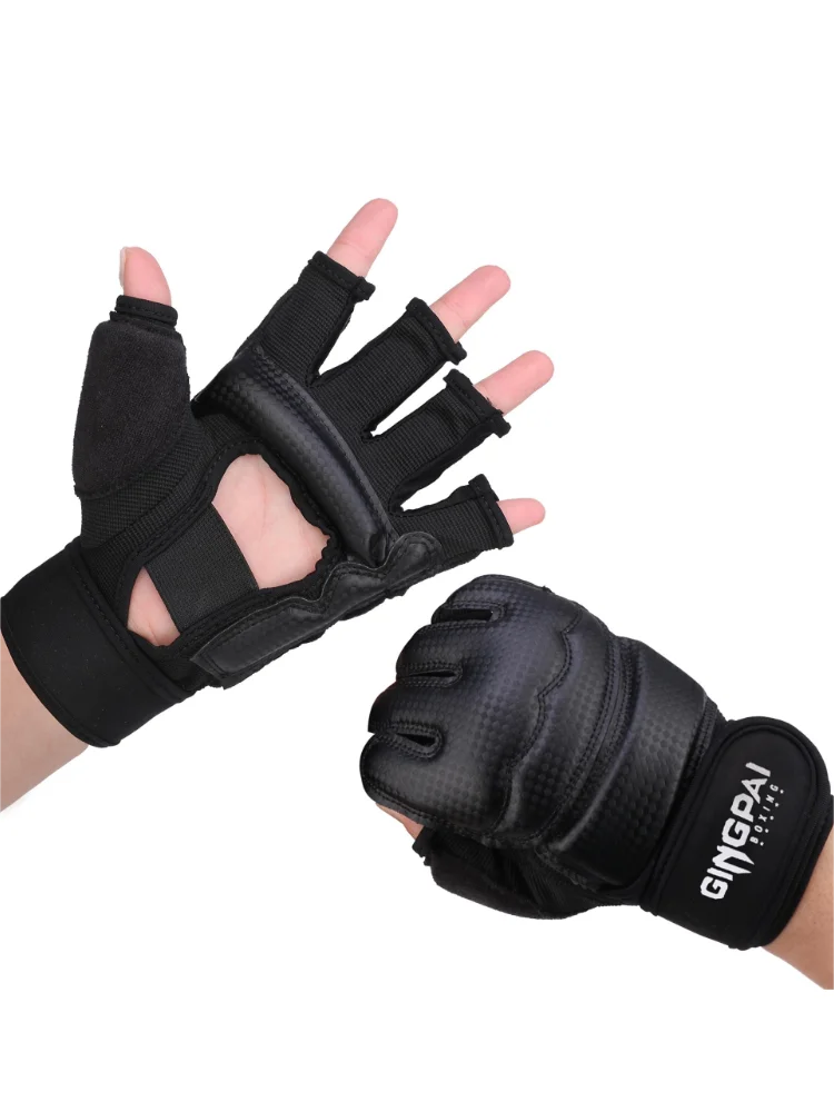 PU Half Finger Taekwondo Gloves TKD Protector Fighting Mitts MMA Gloves Karate Hands Protector Boxing Gloves Black Color