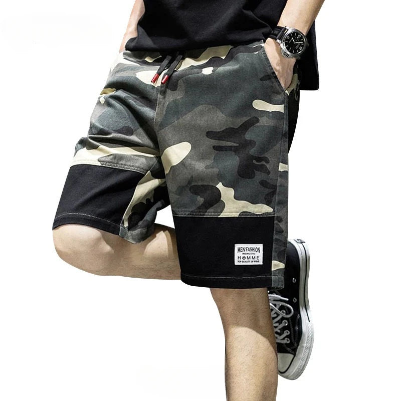 Male Short Pants Camouflage Spliced Camo Oversize Black Men's Cargo Shorts Big Size with Draw String Homme Streetwear Designer