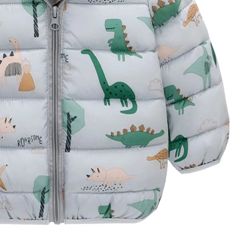 Lightweight Down Jacket Kids Boy Girl Baby Cartoon Gray Dinosaur Zipper Hooded Coats Autumn Winter Christmas Outerwear 1-5 Years