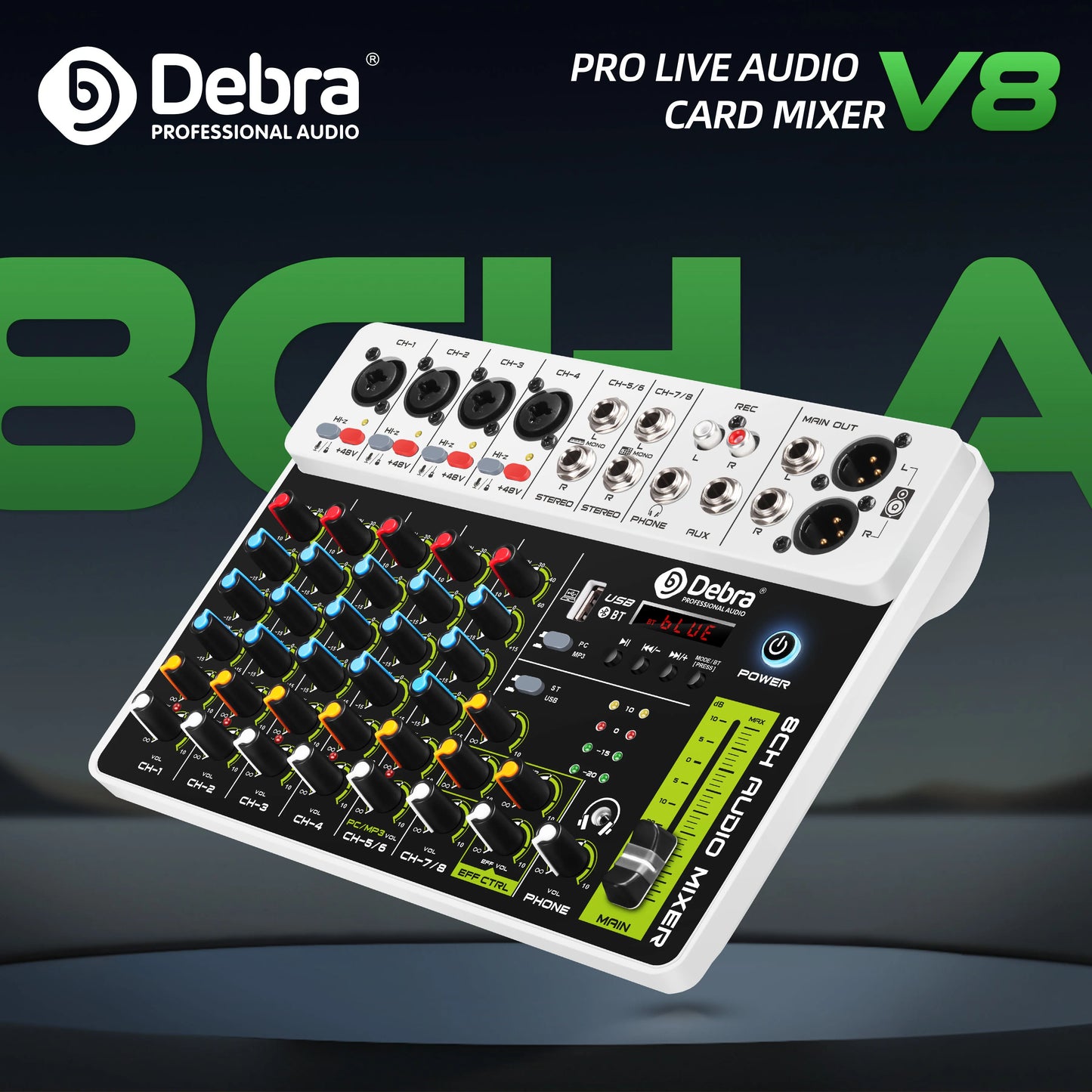 Debra Audio Mixer DJ Console V8 8 Channel 48V Phantom Power USB DJ Console With Sound Card  For PC Recording Singing