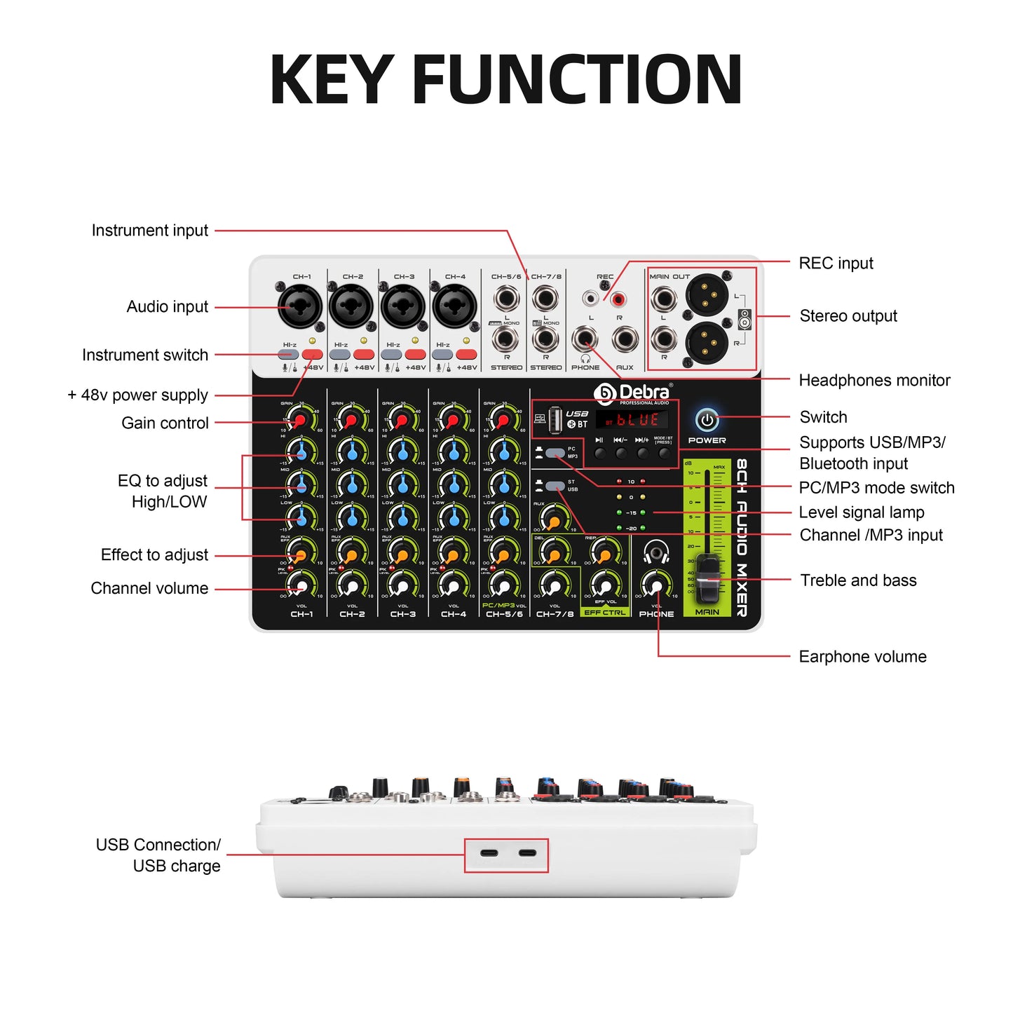 Debra Audio Mixer DJ Console V8 8 Channel 48V Phantom Power USB DJ Console With Sound Card  For PC Recording Singing