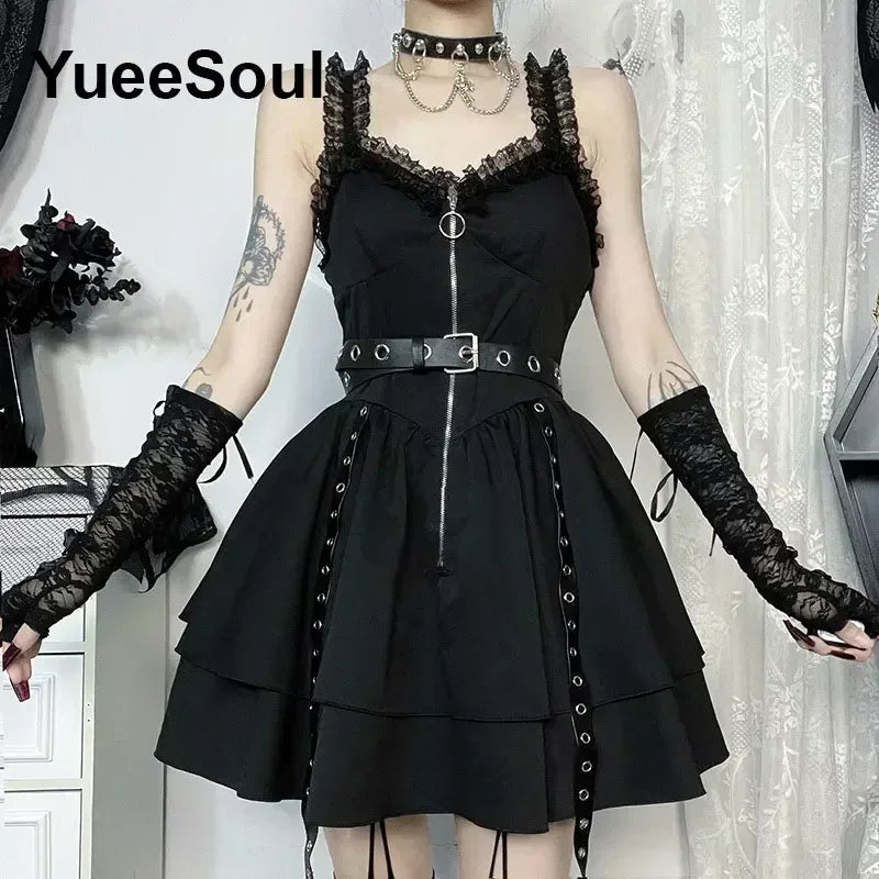 Grunge Gothic Women Dress Lace Trim High Waist Bodycon Mini Dress 2024 Summer New E-girl Vintage Punk Harajuku Lolita Clothes(M)