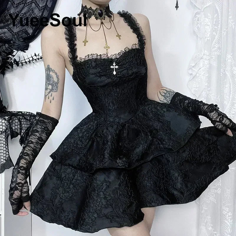 Grunge Gothic Women Dress Lace Trim High Waist Bodycon Mini Dress 2024 Summer New E-girl Vintage Punk Harajuku Lolita Clothes(M)