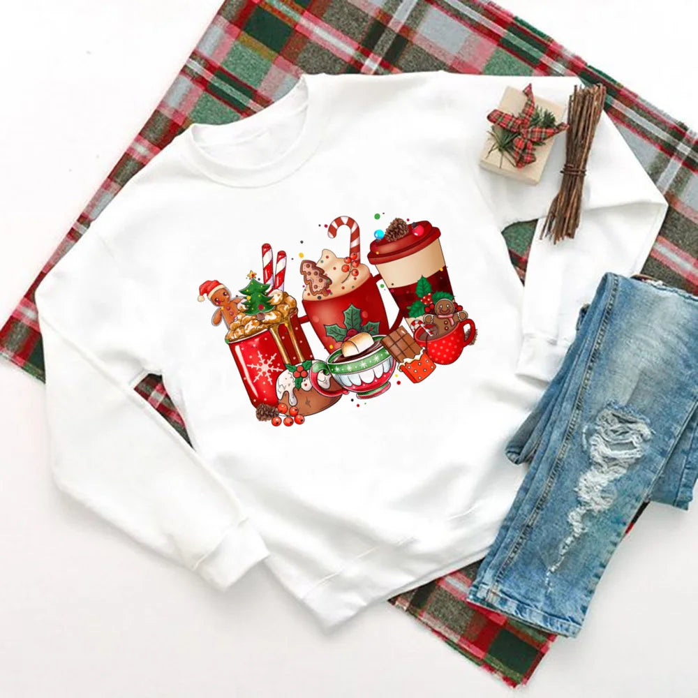 Hot Cocoa Chocolates Cake Printed Sweatshirt Women Christmas Hoodie Tops Holiday Sweater Female Winter Holidy Outfit Sweatshirts