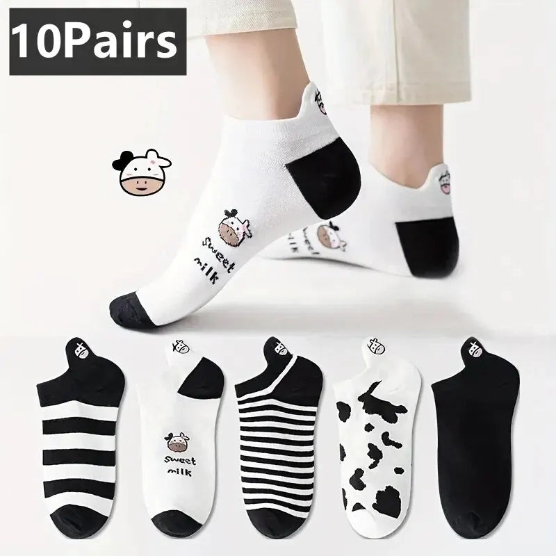 10 Pairs Womens Socks Lovely Cow Pattern Short Socks Creative Printing Socks Ankle Sock Casual Sports Socks