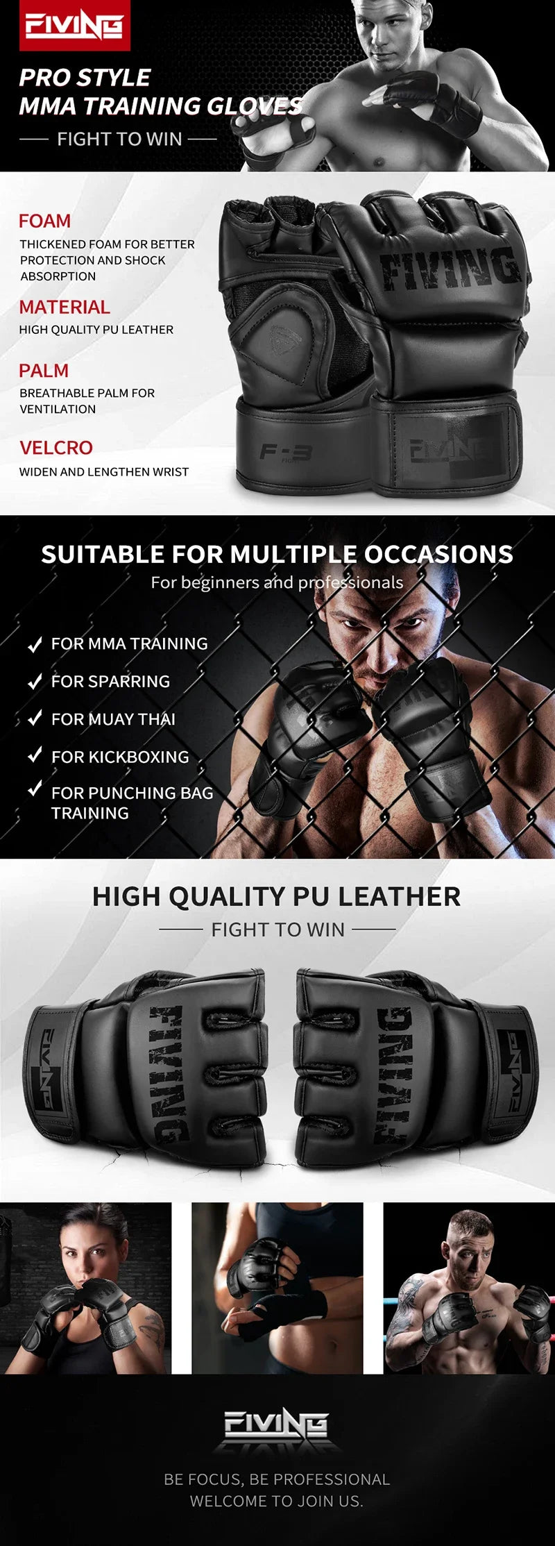 FIVING Half Finger Boxing Gloves PU Leather MMA Fighting Kick Boxing Gloves Karate Muay Thai Training Workout Gloves Men