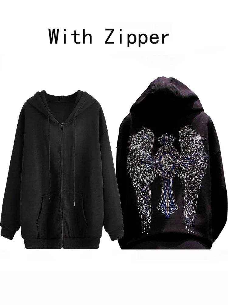 Multicolor Rhinestone Cross and Angel Wings Black Zipper Hoodie