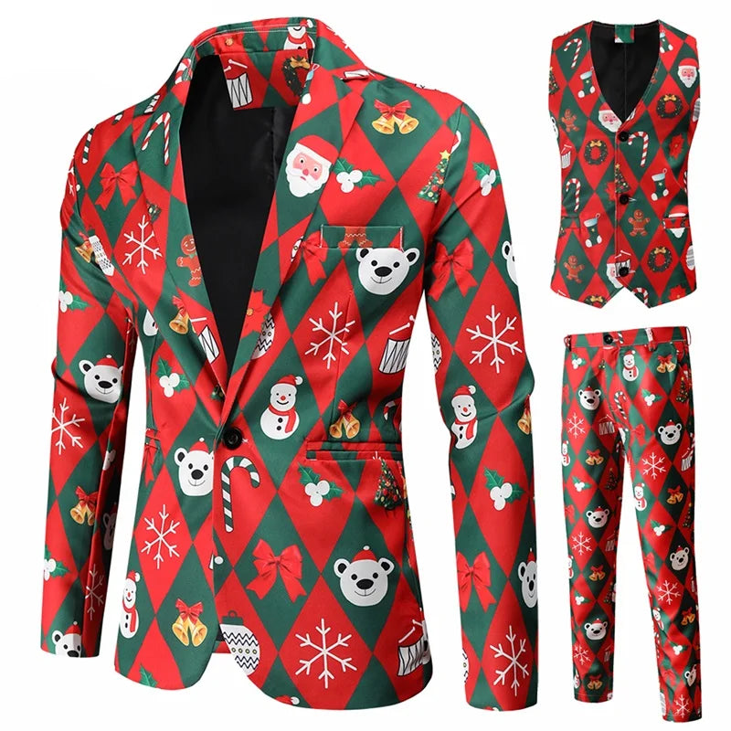 Men Christmas Suit Funny Long Sleeve Single Breasted Jacket with Vest Pants Set Formal Outfit