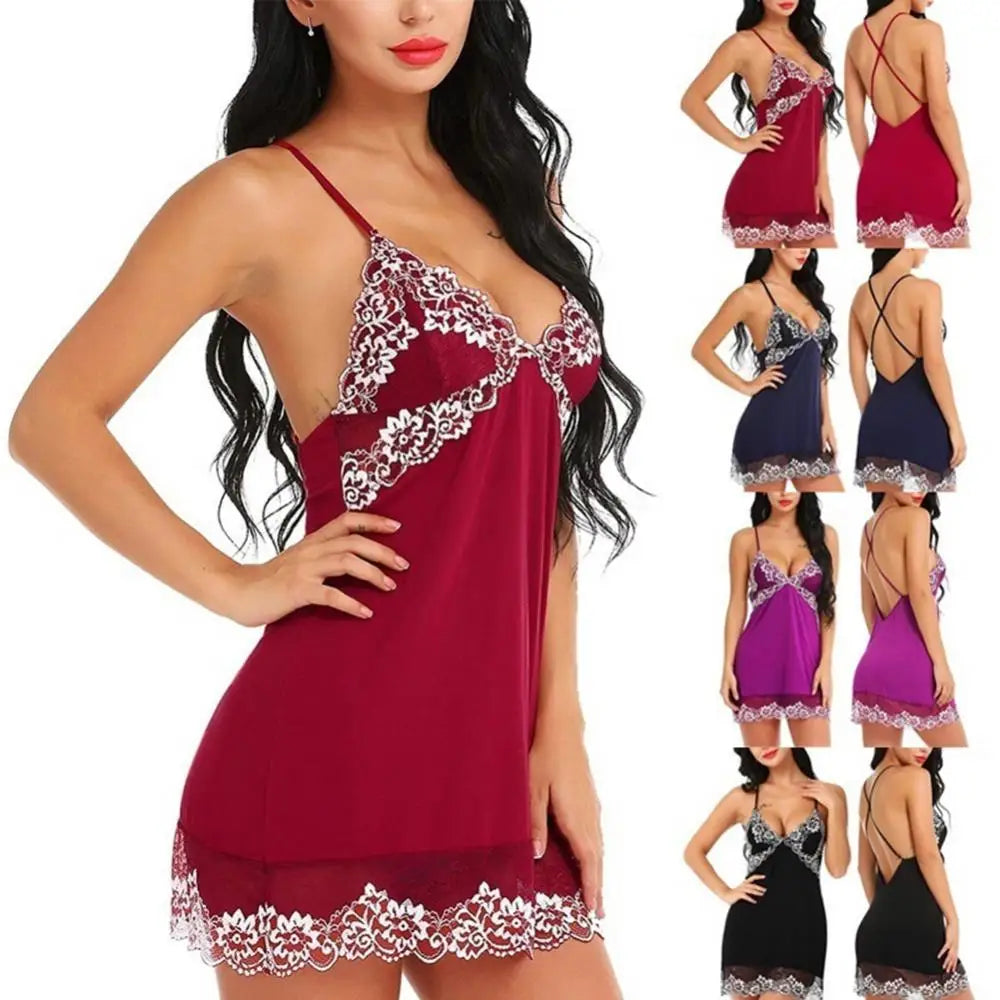 Sexy Women Nightgown Flower Pajamas V-Neck Sleeveless Backless Dress Sleepwear Women's Sleep & Lounge